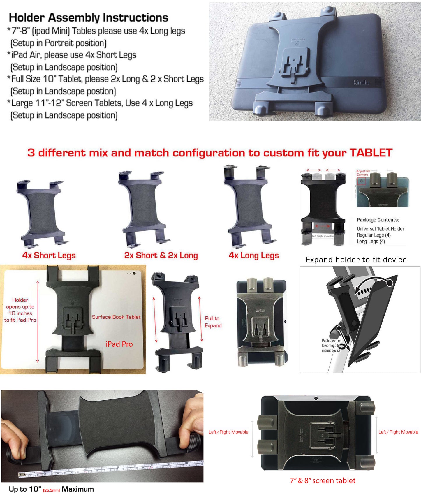 Universal Tablet Holder with 1/4-20 tripod adapter plate for iPad Pro Air Mini Galaxy Tab 7" to 13" screen Tablets