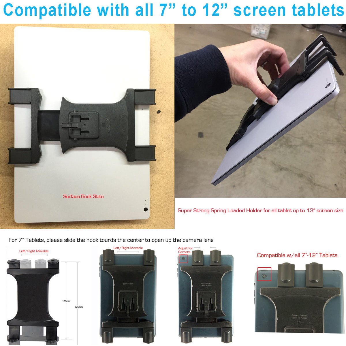 Universal Tablet Holder with 1/4-20 tripod adapter plate for iPad Pro Air Mini Galaxy Tab 7" to 13" screen Tablets