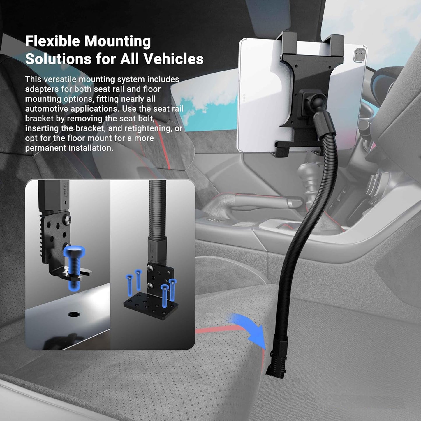 Heavy Duty Flexible 22“ Aluminum gooseneck ELD compliant car truck fleet floor seat bolt Tablet mount